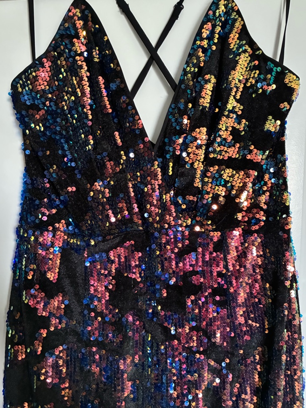 Black Sequin Maxi Dress with Multicolor Iridescent Accents